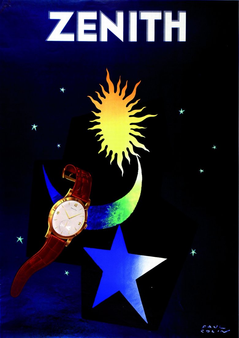 Paul Colin Orologi Zenith: ENG Lithographic poster by Colin. Linen backed, excellent conditions. ITA Paul Colin Orologi Zenith Manifesto litografico cm 94x130. Stampato da Paul Attinger S.A. Neuchâtel n.d. ma anni ’50. Ecce