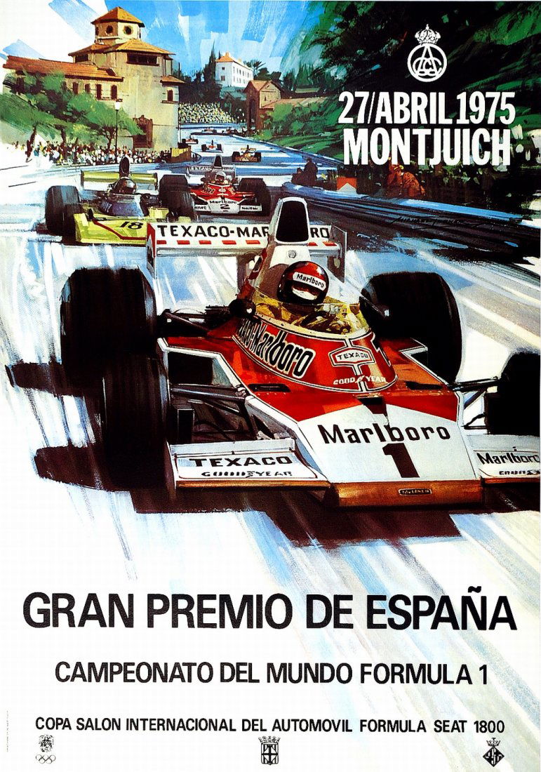 Michael Turner Gran Premio de España: ENG Linen backed poster for the last Barcelona grand prix. Excellent conditions. ITA Michael Turner Gran Premio de España 27 abril 1975 Montjuich. Manifesto telato cm 73x103 realizzato in occasione