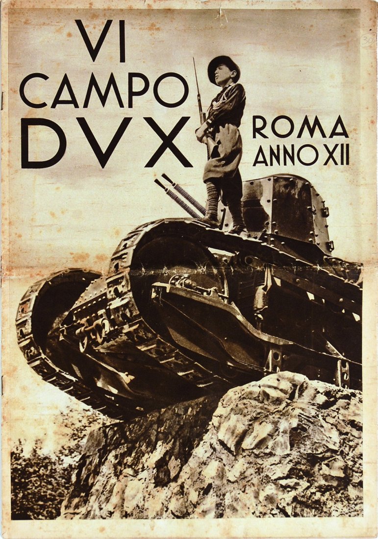 VI Campo Dux: ENG B/w illustrated booklet on the National 1934 gathering. Few stains on cover and two marginal tears. Good conditions. ITA VI Campo Dux Tipografia del Popolo d’Italia, Milano anno XII (1934). Cm 3
