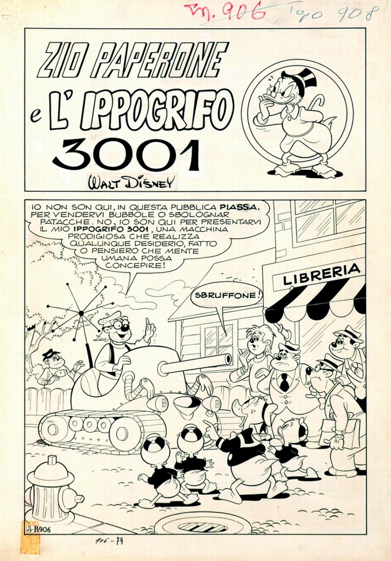 Luciano Gatto Zio Paperone e l’Ippogrifo 3001: ENG Splash page for the story appeared on Topolino #908, April 22nd 1973. Pencil and ink on thin cardboard. Excellent conditions ITA Luciano Gatto Zio Paperone e l’Ippogrifo 3001 Splash page per la 
