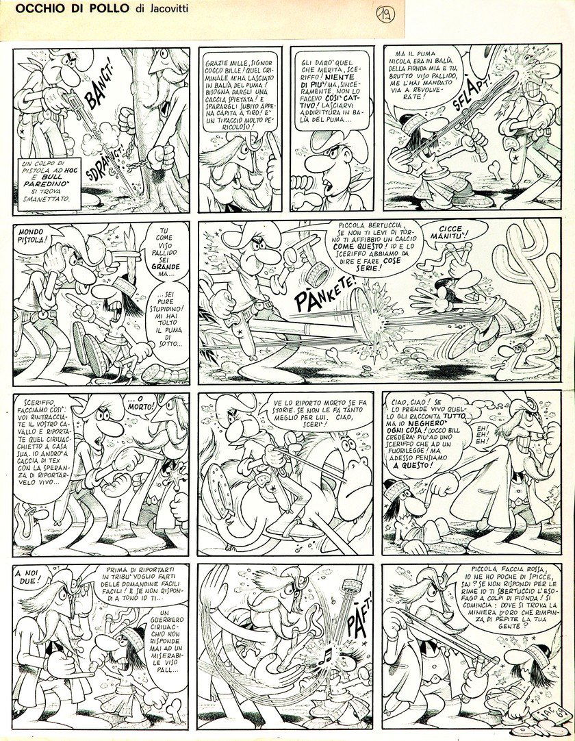 BENITO JACOVITTI Cocco Bill - Occhio di pollo: ENG BENITO JACOVITTI Cocco Bill - Occhio di pollo 19th original art for the story published on "Il Corriere dei Piccoli" in 1969. Pencil and ink on drawing paper, water-colored on the back. Scroll-sig