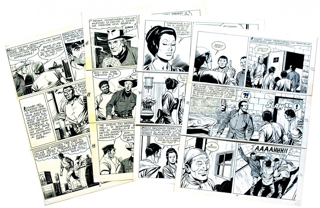 Guglielmo Letteri Tex: Guglielmo Letteri Tex Lotto di tre tavole con i cattivi. China e tempera bianca su cartoncini raccordati (complessivi tavola cm 24,5x34,5), primi anni ’60. Ottimo stato.