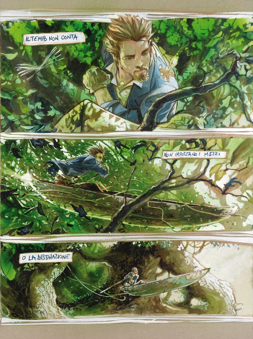 Massimiliano Frezzato Il Viaggio è la sola meta: Massimiliano Frezzato Il Viaggio è la sola meta dell'anima ENG Self conclusive story composed of two original arts mixed technique on cardboard. Conceived for Cerruti textile factory, and exhibited a