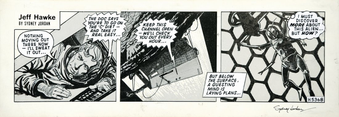 Sydney Jordan Jeff Hawke - Le Api di Daedalus: Sydney Jordan Jeff Hawke - Le Api di Daedalus ENG Original comic-strip published in 1971. Pencil, ink and halftone screen on cardboard. Signed, very good conditions.IT Striscia H5368 della storia pubb