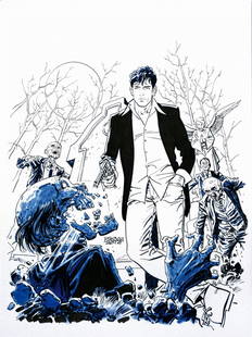 Bruno Brindisi Dylan Dog Magazine n°2: Bruno Brindisi Dylan Dog Magazine n°2 ENG Original cover art for the second issue of the Dylan Dog Magazine, 2016. Black and blue ink over pencil on drawing paper. Signed and dated, along with prelim