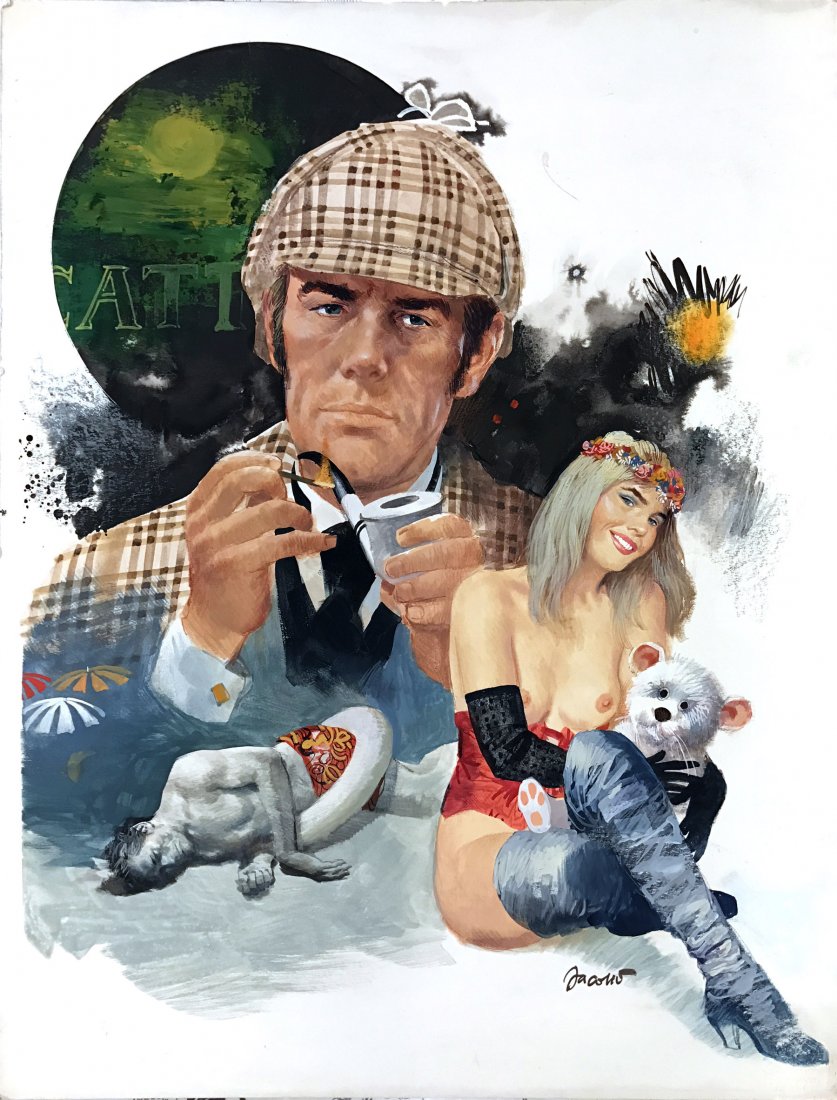 Carlo Jacono: Sherlock Holmes e Cicciolina: Illustrazione originale che abbina con la tecnica squisita di Jacono che rimanda alle cover delle riviste americane, Sherlock Holmes e Cicciolina. L’opera, tempera su cartone, misura cm. 39x50 è fi