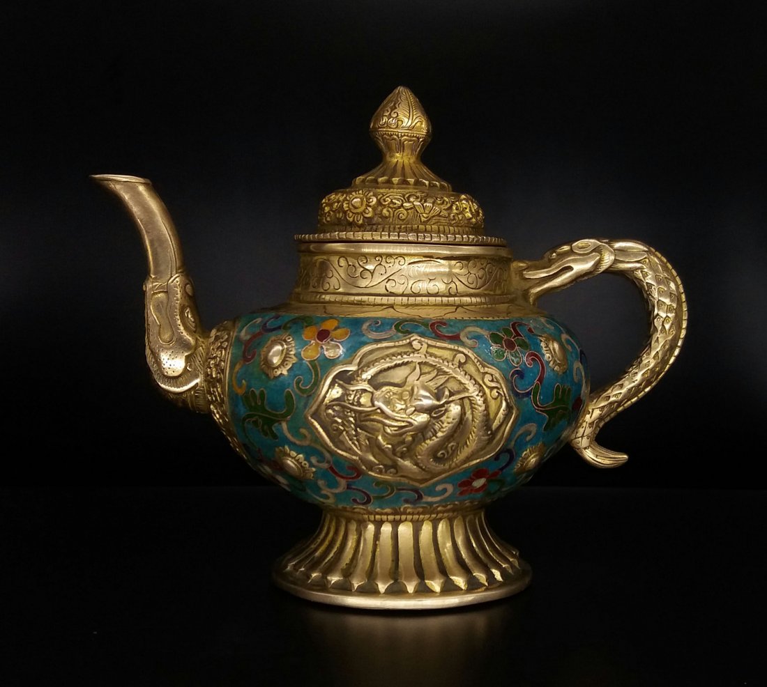 A Nice Old Tibetan Cloisonne Enamel Brass Kettle (1 of 8)