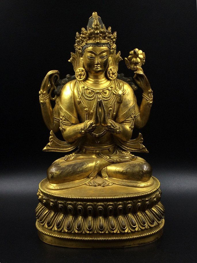 A Nice Old Gilt Bronze Four Arms Guanyin Statue (1 of 6)
