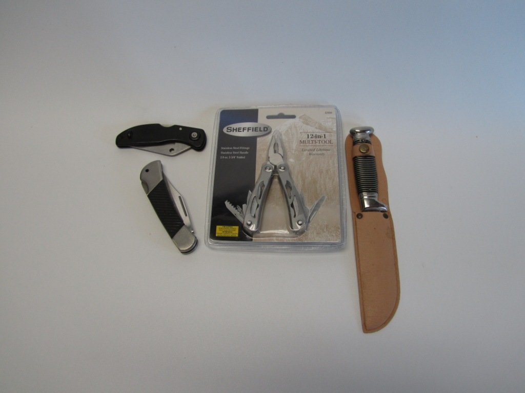 Misc Pocket Knives: 2 folding pocket knives, 1 straight knife in sheath, 1 Sheffield 12 in 1 multi-tool New in Package.