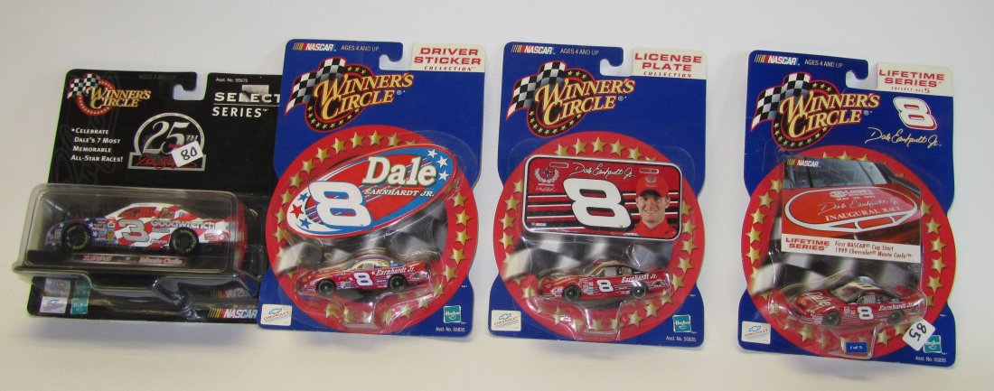 Lot of 4 Winners Circle Earnhardt Cars - NIP: Lot of 4 Winners Circle Earnhardt Cars - NIP. (3) #55835 Dale Jr. 1/64th scale, and a 1996 Monte Carlo #3 Dale Sr. 25th Anniversary 1/43rd scale.