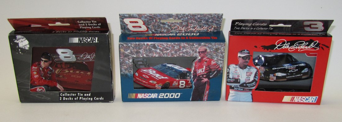 Lot of 3 Nascar Playing Cards in Tins: Lot of 3 Nascar Playing Cards in Tins. 2 sets of Dale Earnhardt Jr. and 1 set of Dale Earnhardt. 6 decks of cards total.