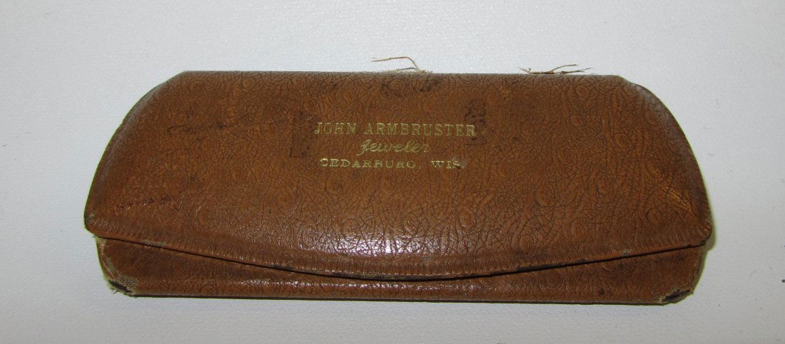 Vintage Gold Filled Spectacles With Case: Vintage Gold Filled Spectacles With Case. Made by John Armbruster in Cedarburg, WI. The Cleaning cloth is also a very interesting piece of advertising memorabilia