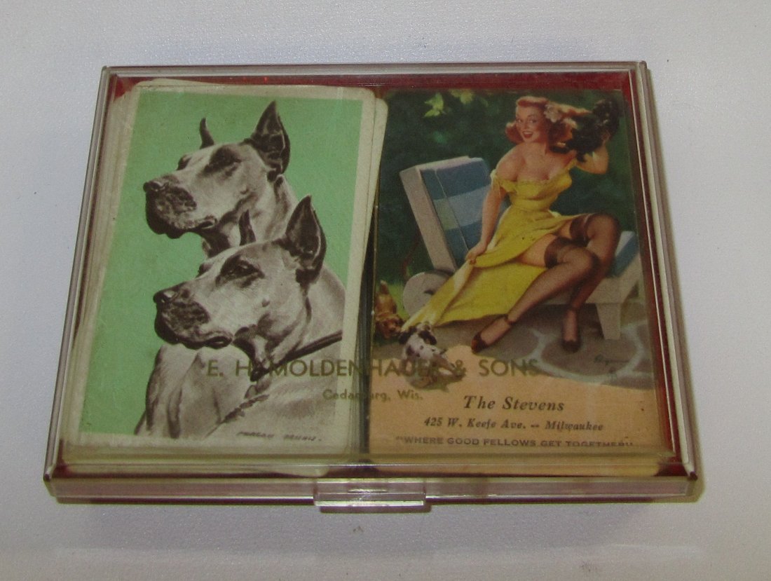 Two Decks Of Old Cards, One Deck is Risqué: Two Decks Of Old Cards, One Deck is Risqué and was made for The Stevens in Milwaukee, WI. The case was made for E.H. Moldenhauer & Sons in Cedarburg. Moldenhauer was famous for having one of the larg