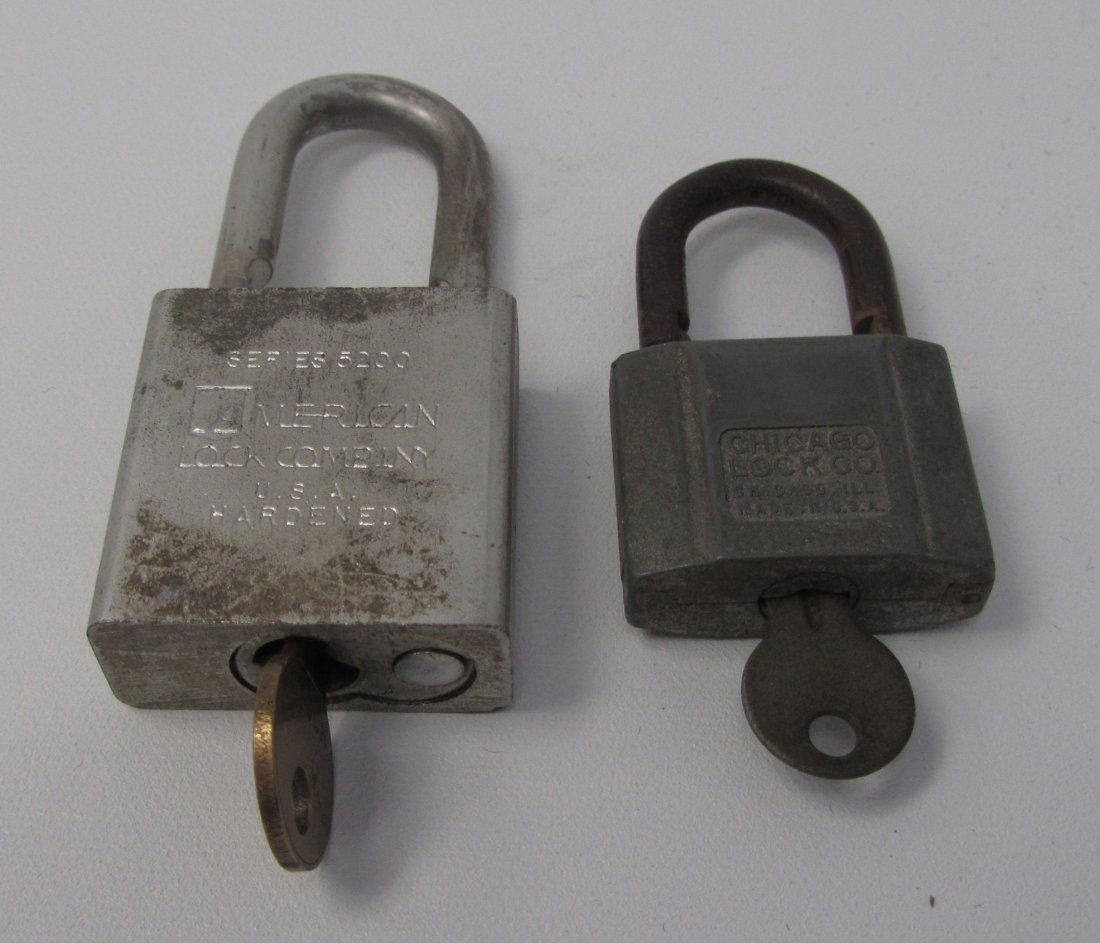 Pair of Vintage Padlocks with Original Keys: Pair of Padlocks with keys. A Chicago Lock Co., and a American lock Co. Series 5200with PGL and US stamped on it. Both in working condition with Keys.