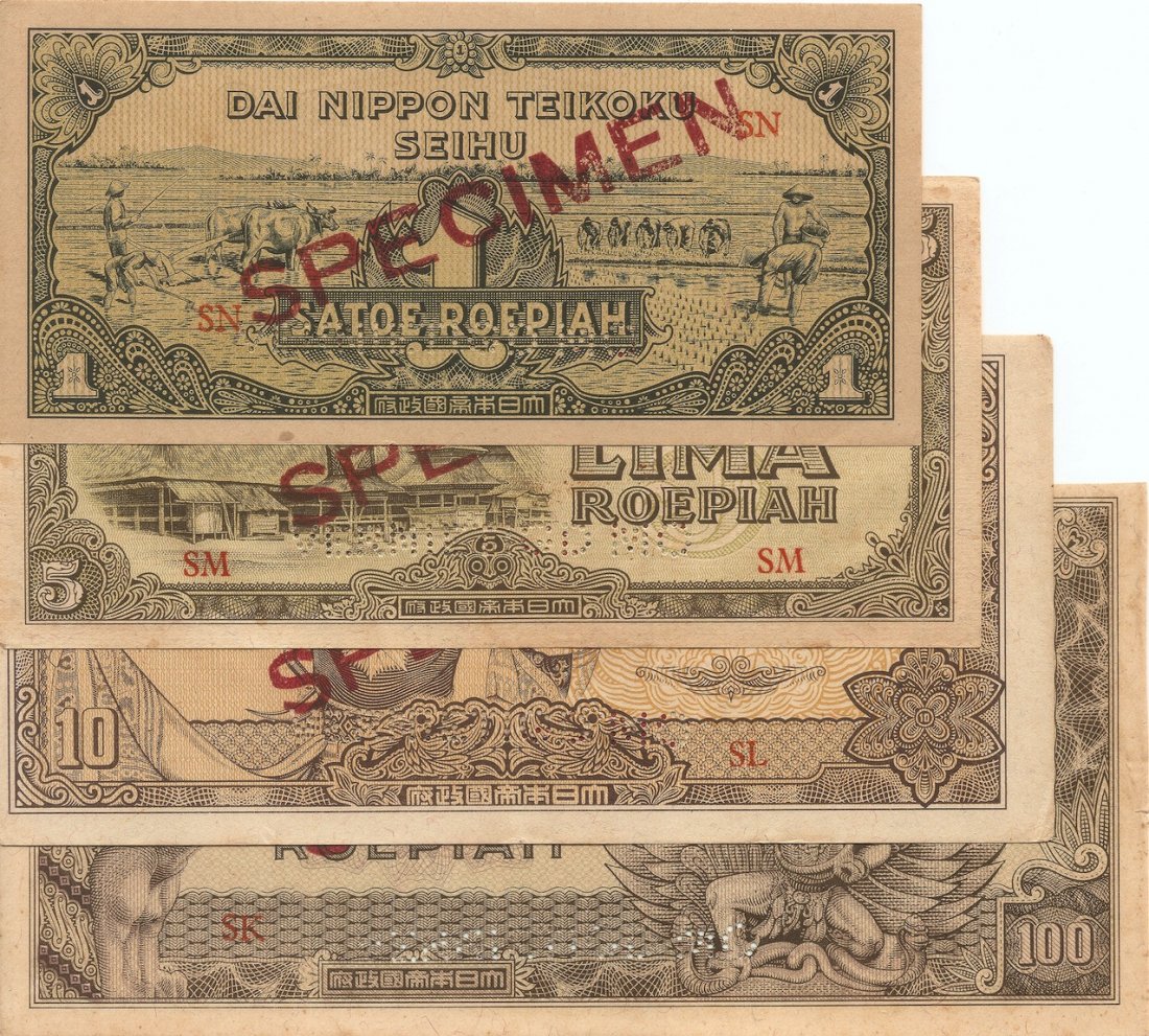 Banknote: Netherland Indies/ Japanese Occupation N.D. (1944) Dai Nippon Teikoku Seihu specimen banknotes, 1 (Sator) Roepiah (ND 1944, Block letters SN) overprint with 'SPECIMEN' in red on front and back, perfor