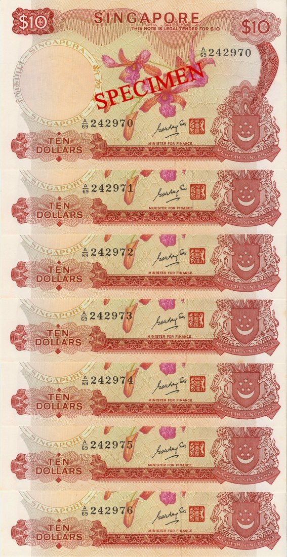 Banknote: Singapore (1970-1972) Orchid series 10 Dollars banknote. signed by Dr Goh Keng Swee with red seal in consecutive running serial numbers. A/69 242970 - A/69 242976 (Total 07pcs) UNC. 新加&#