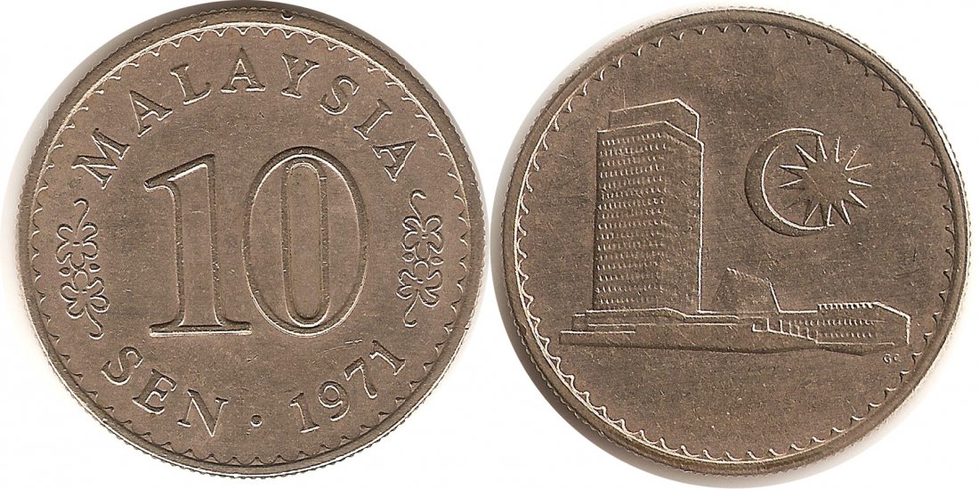 Coin: Malaysia 1971, 10Sen copper-nickel coin. EF 马来西亚1971年，壹角铜镍币。