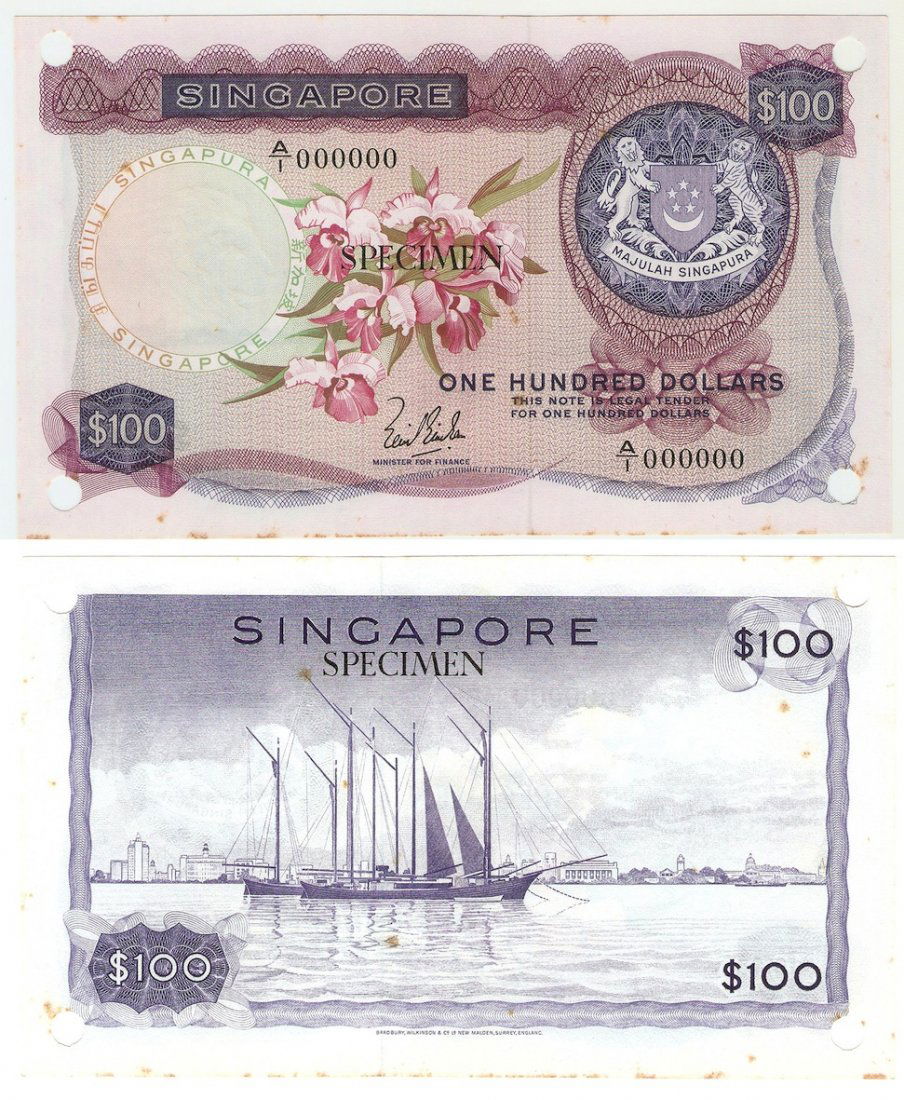 Singapore 1967, orchid series $100 specimen note: Singapore (1967-1969), Orchid Series 100 Dollars Specimen banknote. 'SPECIMEN' stamped on obverse and reverse, punched holes in 4 corners of banknote, signatory by Mr Lim Kim San. S/No A/1 000000. UNC