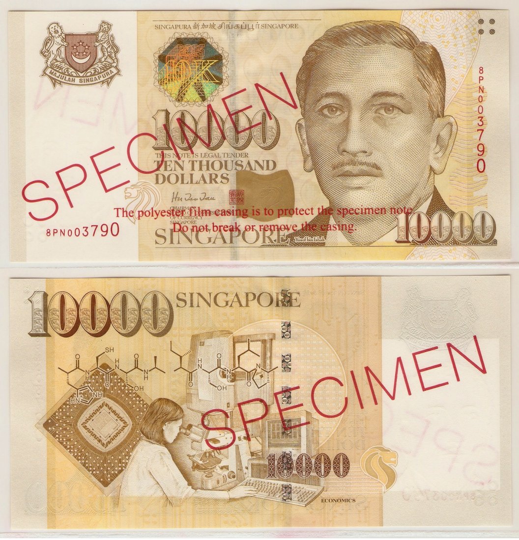 Singapore (1990) portrait series $10,000 specimen note: Singapore (1990) Potrait Series 10,000 Dollars Gold Specimen banknote. 'SPECIMEN' stamped on obverse and reverse with original polyester casing. 'Do not break or remove the casing.' words stamped in r