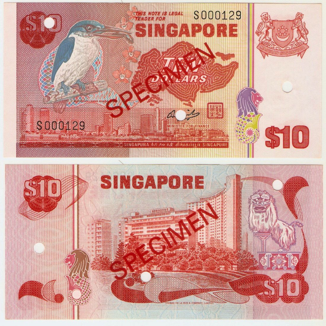 Singapore 1976, bird series $10 specimen note: Singapore (1976-1984), Bird Series 10 Dollar Specimen banknote, 'SPECIMEN' stamped on obverse and reverse, 3 hole punches on note, signatory by Mr Hon Sui Sen with seal. S/No S000129. UNC 新
