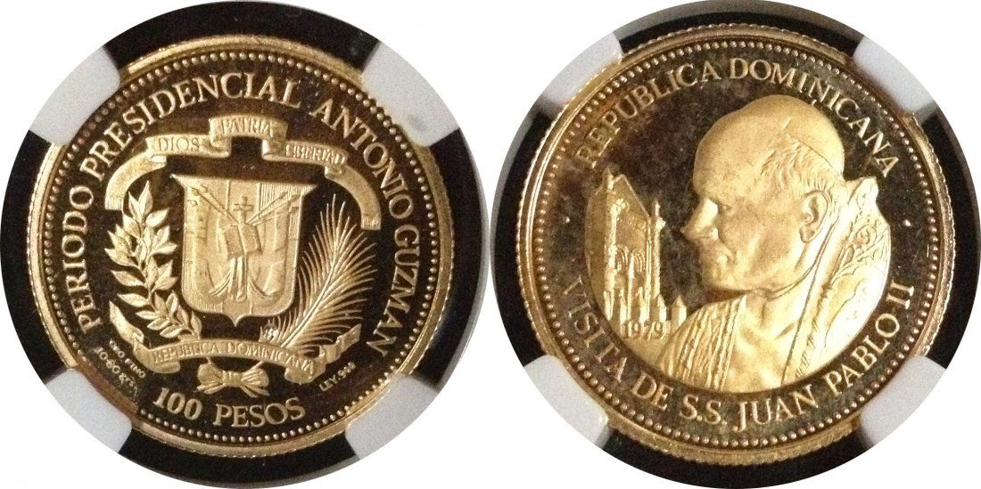Republic Dominicana 1979, 100pesos (0.3472oz) gold coin: Republic Dominicana 1979, Visit of the Pope 100pesos (0.3472oz) gold coin. NGC PF65 多米尼加共和国1979年，100比索（0.3472盎