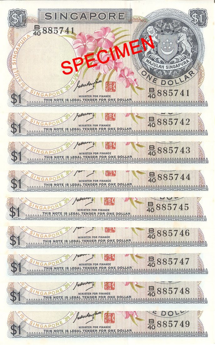 Singapore 'orchid' $1 banknotes: Singapore (1967), Orchid series 1 dollar banknotes, signatory by Dr Goh Keng Swee in consecutive running numbers. Serial No. B/40 885741-B/40 885749. ALL UNC with slight yellow spots on some notes. To