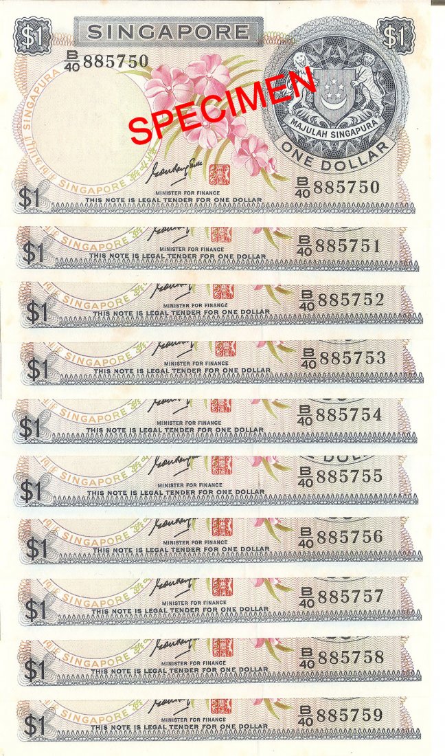 Singapore 'orchid' $1 banknotes: Singapore (1967), Orchid series 1 dollar banknotes, signatory by Dr Goh Keng Swee in consecutive running numbers. Serial No. B/40 885750-B/40 885759. ALL UNC with slight yellow spots on some notes. To