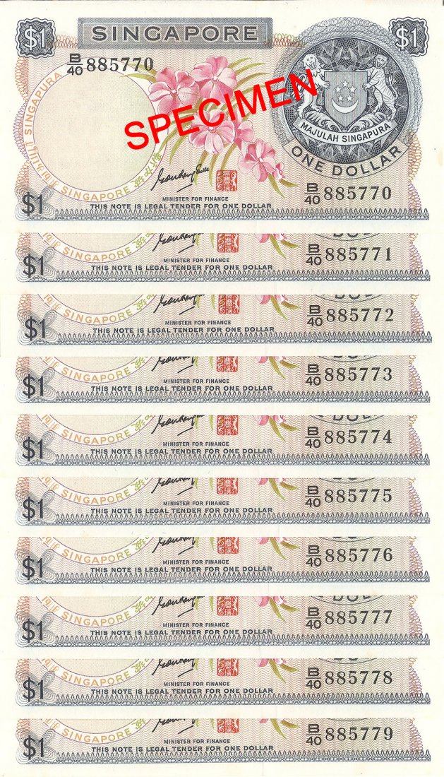 Singapore 'orchid' $1 banknotes: Singapore (1967), Orchid series 1 dollar banknotes, signatory by Dr Goh Keng Swee in consecutive running numbers. Serial No. B/40 885770-B/40 885779. ALL UNC with slight yellow spots on some notes. To