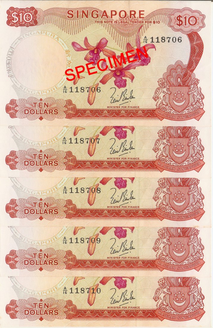 Singapore 'orchid' $10 banknotes: Singapore (1967), Orchid series 10 dollars banknotes, signatory by Lim Kim San in consecutive running numbers. Serial Nos. A/16 118706-118710, All UNC, light bend mark. Total 05pcs. 新加&#