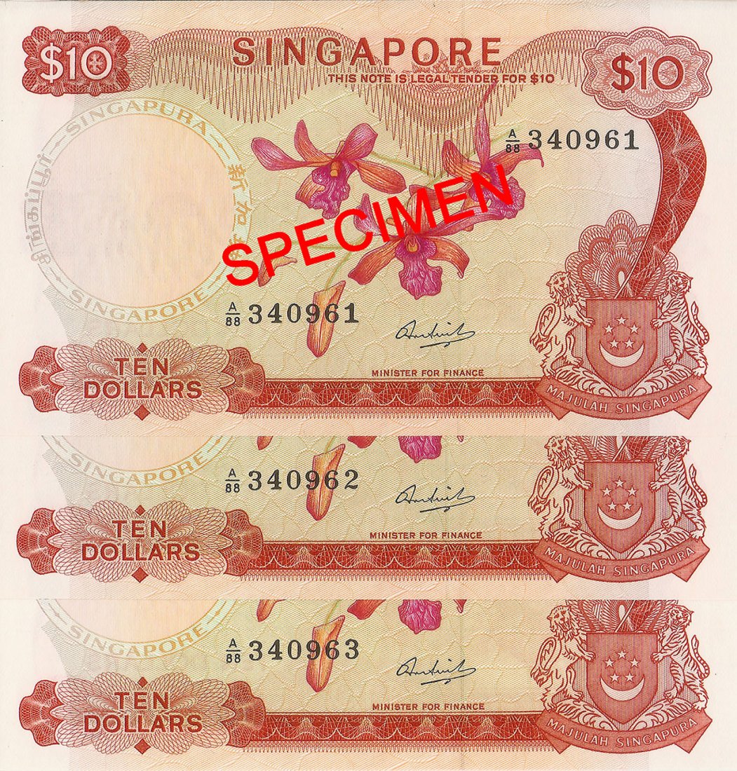 Singapore 'orchid' $10 banknote: Singapore (1967), Orchid series 10 dollars banknotes, signatory by Hon Sui Sen in consecutive running numbers. Serial Nos. A/88 340961-340963), All UNC. Total 03pcs. 新加坡（19
