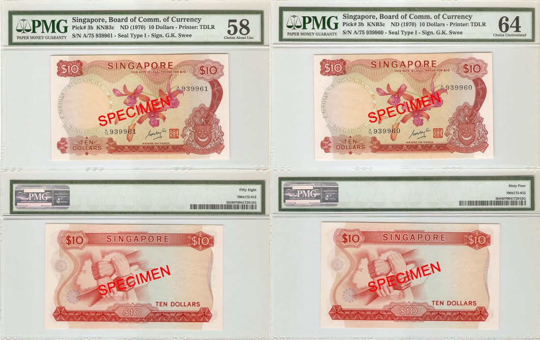 Singapore (1970) 'orchid' $10 banknote: Singapore (1970) Orchid Series $10 banknote in consecutive running numbers, signatory by Dr Goh Keng Swee. Serial No. A/75 939960 & 61. PMG 64 & 58. Total 02pcs. 新加坡（1970&#