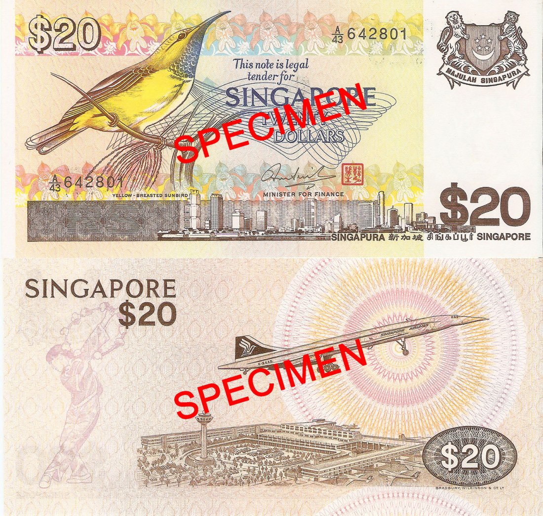 Singapore 'bird' $20 banknotes: Singapore (1979), Bird series 20 dollars banknotes, signatory by Hon Sui Sen in consecutive running numbers. Serial Nos. A/43 642801- A/43 642900. All UNC. Total 100pcs. 新加坡ᦀ