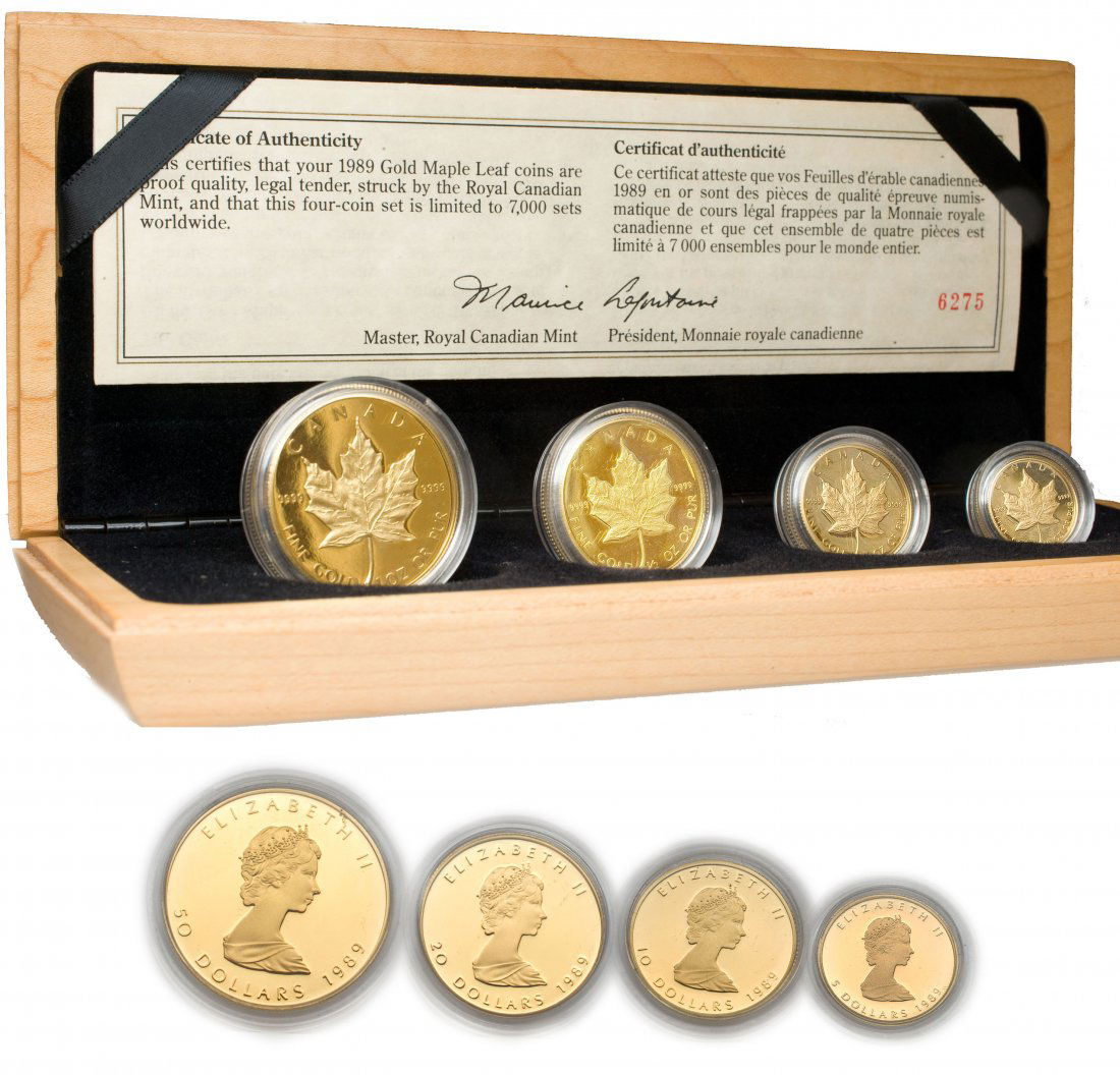 Canada 1989, 4pcs gold coin: Canada 1989 10th Maple Leaf $5, $10, $20, $50, (1.85oz) gold coin set in original box and COA. (Total 04pcs) Proof 加拿大1989年 5圓，10圓，20圓