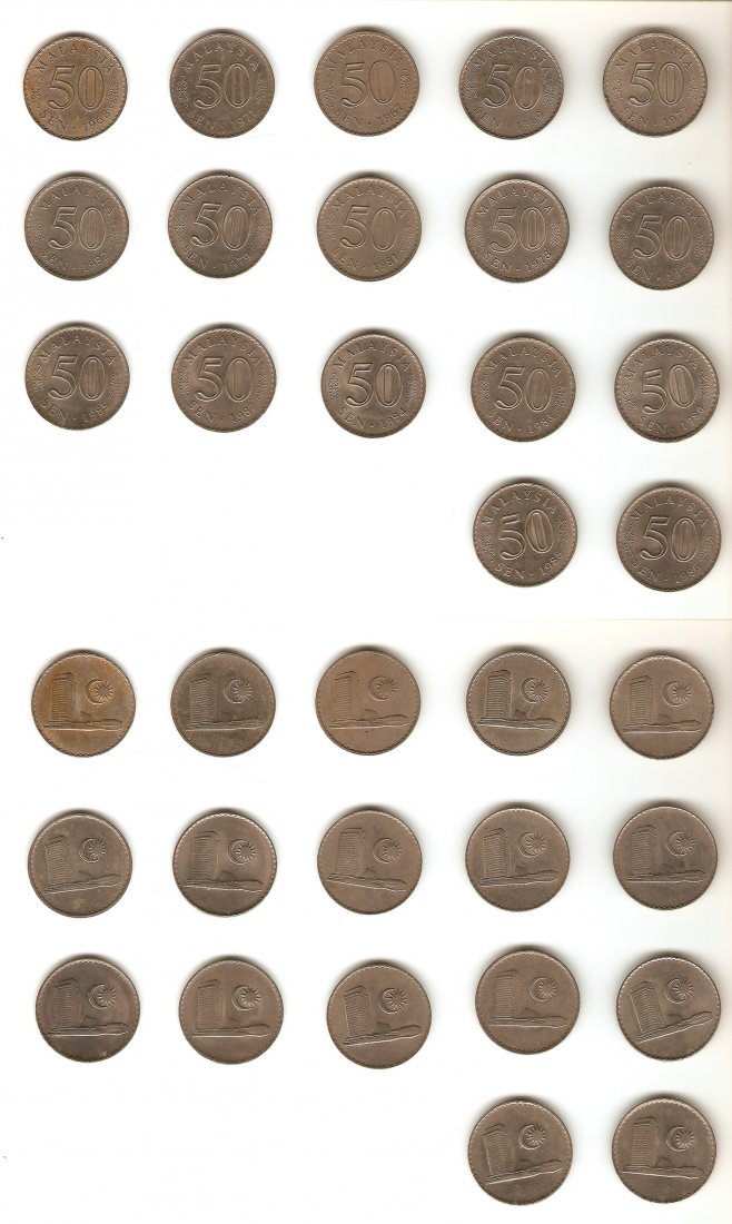 Malaysia 50 Sen coins: Malaysia 1967-1969, 1971, 1973, 1977-1988, 50 Sen copper-nickel coins. EF-AU various conditions. No return. Total 17pcs. 馬來西亞 1967－1969, 1971, 1973, 1977－1988