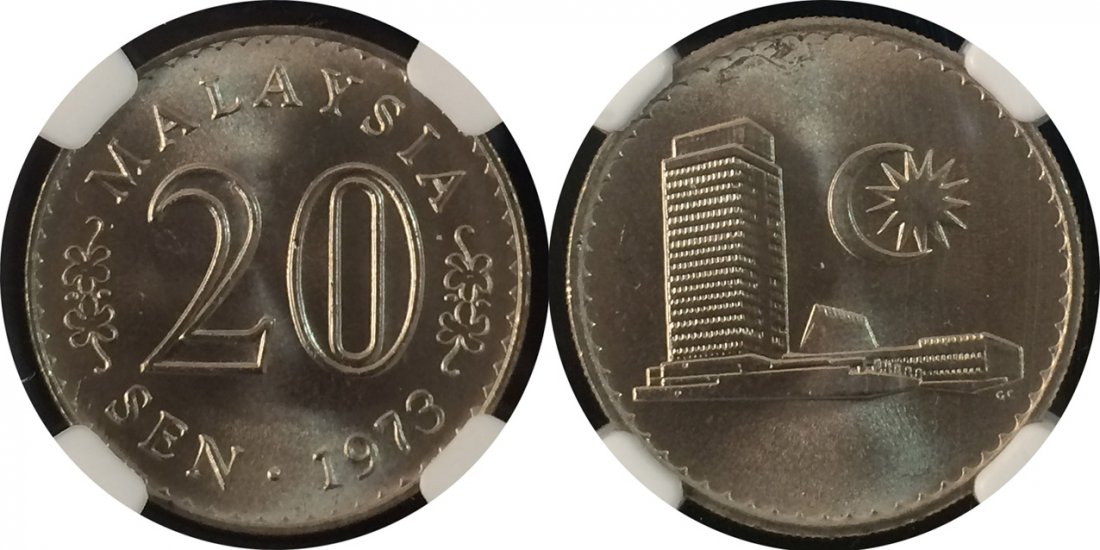 Malaysia 1973, 20 Sen coin: Malaysia 1973, 20sen copper-nickel coin. NGC MS66. 馬來西亞1973年 2角銅鎳幣。