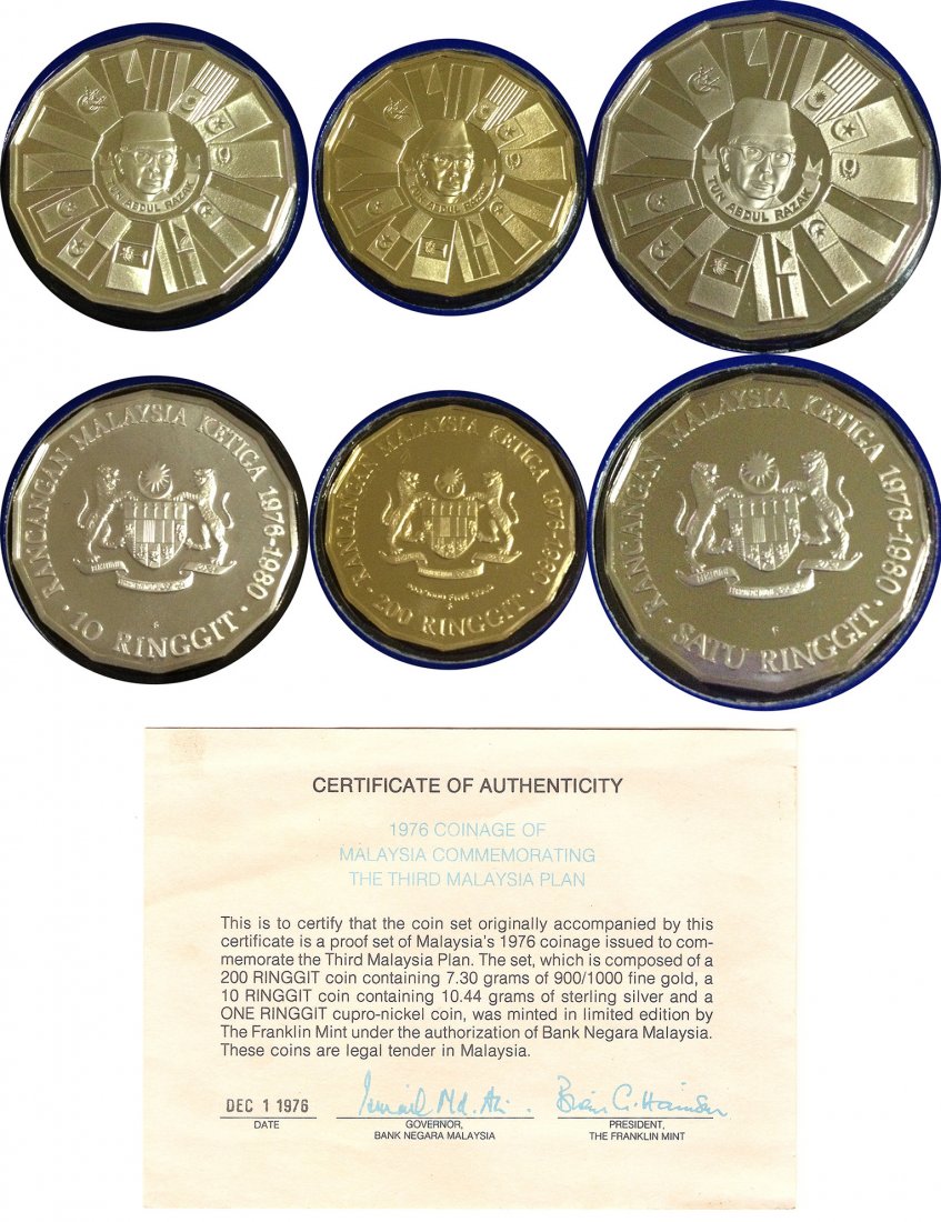 Malaysia 1976, 3pcs coin set: Malaysia 1976 Third Malaysia Plan 1 Ringgit, 10 Ringgit & 200 Ringit (0.257oz gold) coin set in original box and certificate. UNC. Total 03pcs coins. 馬來西亞1976年 1