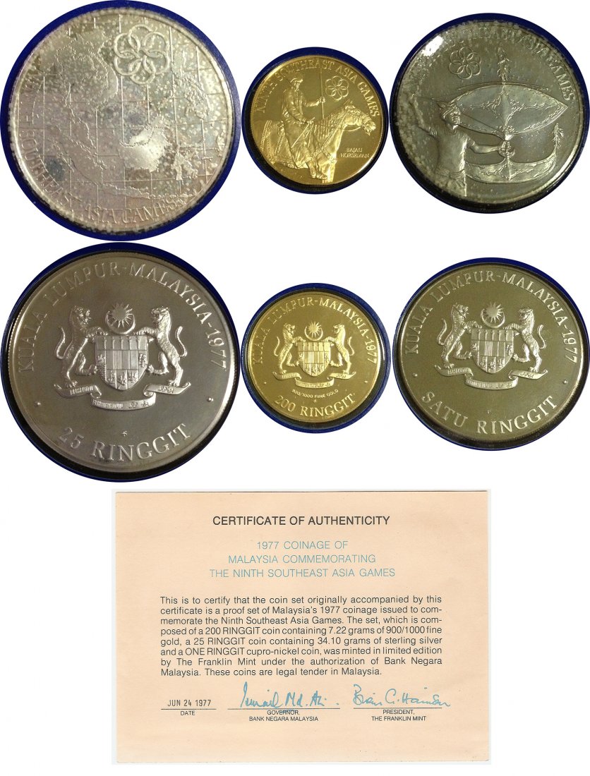Malaysia 1977, 3pcs coin set: Malaysia 1977 Ninth Southeast Asia Games 1 Ringgit, 25 Ringgit & 200 Ringit (0.254oz gold) coin set in original box and certificate. UNC. Total 03pcs coins. 馬來西亞1977年
