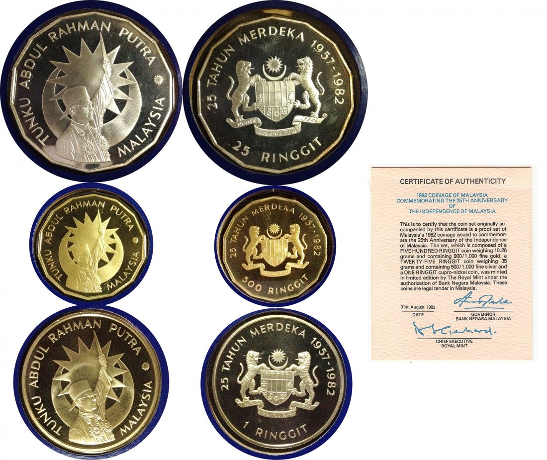 Malaysia 1982, 3pcs coin set: Malaysia 1982 Independence of Malaysia 25th Anniversary 1 Ringgit, 25 Ringgit & 500 Ringgit (0.36oz gold) coin set in original box and certificate. UNC. Total 03pcs coins. 馬來西