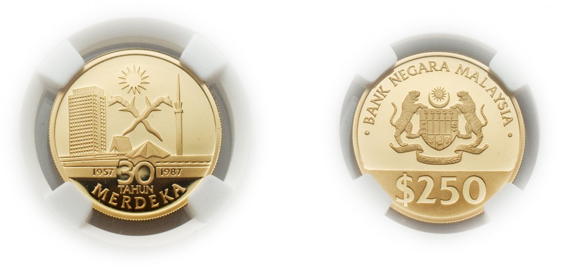 Malaysia 1987, Rm250 gold coin: Malaysia 1987, Independence Anniversary 250 Ringgit (0.2144oz) gold coin. NGC PF70 馬來西亞1987年，250圓（0.2144盎司）金幣