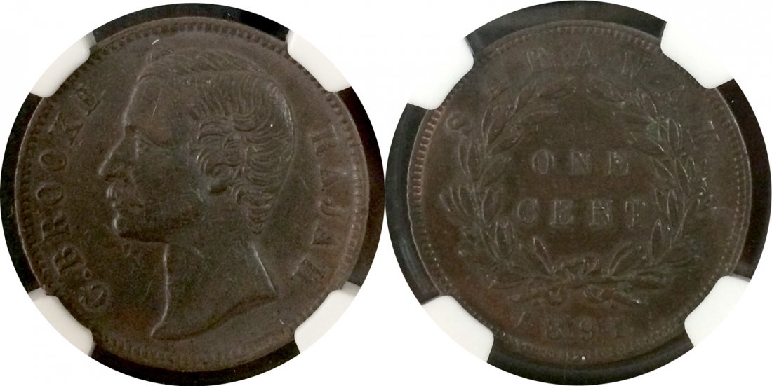 Sarawak 1891, 1 Cent coin: Sarawak 1891, C. Brooke 1 cent copper coin. NGC XF40. 沙撈越1981年 1分銅幣。