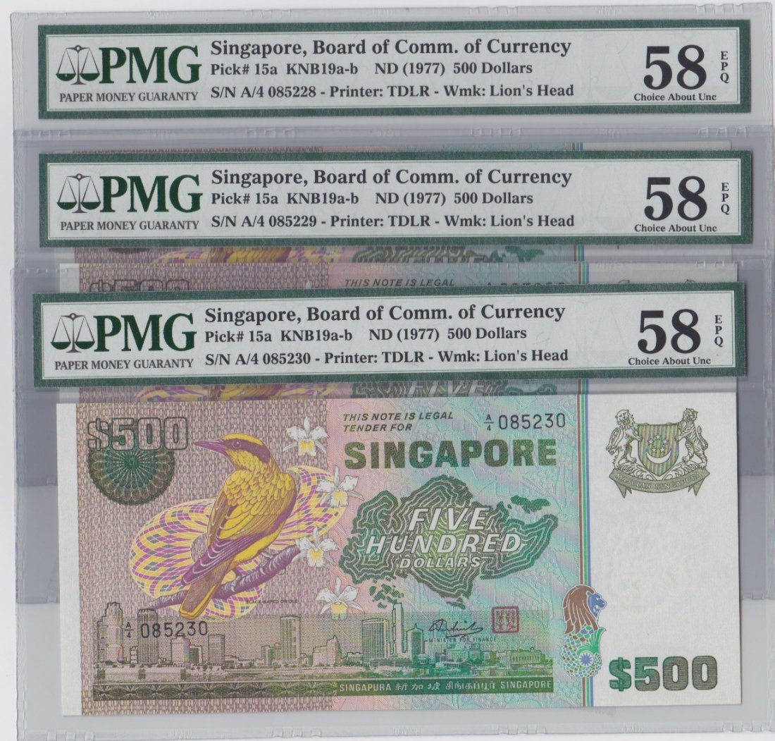 Additional Lot: Singapore bird series $500 banknote: Singapore (1979), Bird series 500 dollars banknotes, signatory by Hon Sui Sen with red seal in consecutive running numbers. Serial Nos. A/4 085228 to 085230. All PMG 58 EPQ. Total 03pcs. 新Ó
