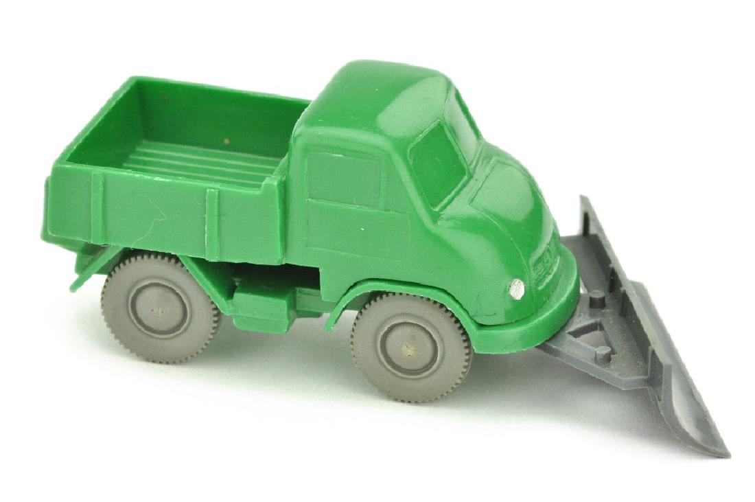 Unimog 401 Schneepflug, gruen (mit Rueckleuchten): 481/2, Raeumschild d'-basaltgrau, sehr gut bis neuwertig (Wiking Unverglaster Rollachser)