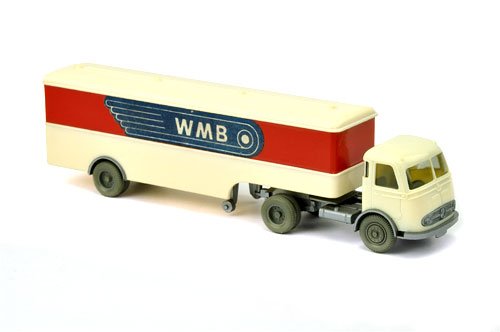 Koffer-Sattelzug Pullman WMB: 762/2BF, vermutlich herstellungsbedingter Klebefleck an Unterseite des Aufliegers im Bereich des Radlaufs (5x5 mm), sonst gut bis sehr gut (Wiking Verglaster LKW)
