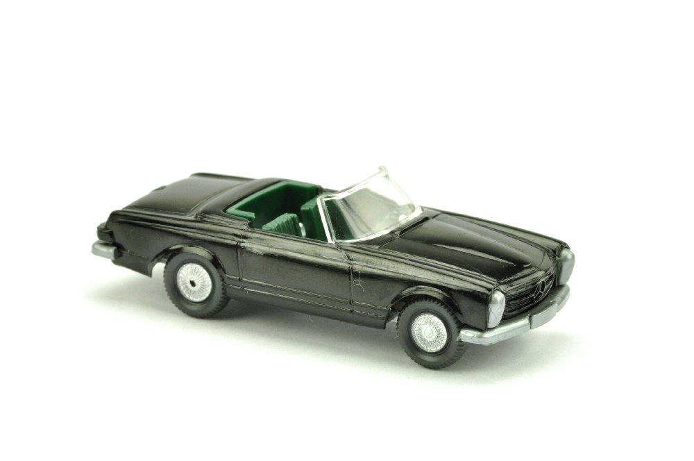 Mercedes 230 SL Cabrio, schwarz: Ausserserie um 1992, Scheinwerfer wie bei MB 220 Heckflosse, aehnlich Neuauflage mit Karosserie (glaenzend) und Sitzen/Verdeck (dunkles patinagruen) in Sonderfarbe, neuwertig (Wiking Vorserie)