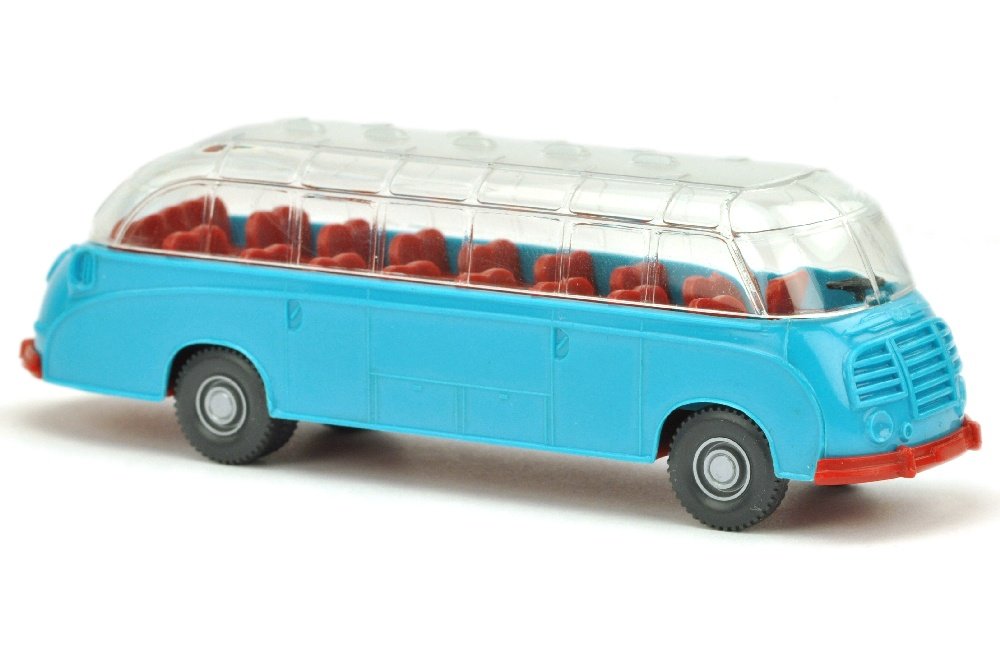 Setra-Bus, dunkeladriablau: unbemalte Karosserie (1166/2B, um 1960), ergaenzt um Chassis und Sitze in Sonderfarbe weinrot (formidentisch mit 1166/5, vermutlich um 1989), neuwertig (Wiking Vorserie)