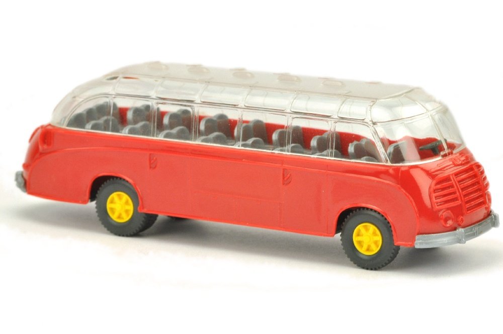 Setra-Bus, rot: unfertiges Modell um 1989, entspricht komplett unbemalter Neuauflage mit silbernem Chassis und silbernen Sitzen, neuwertig (Wiking Vorserie)