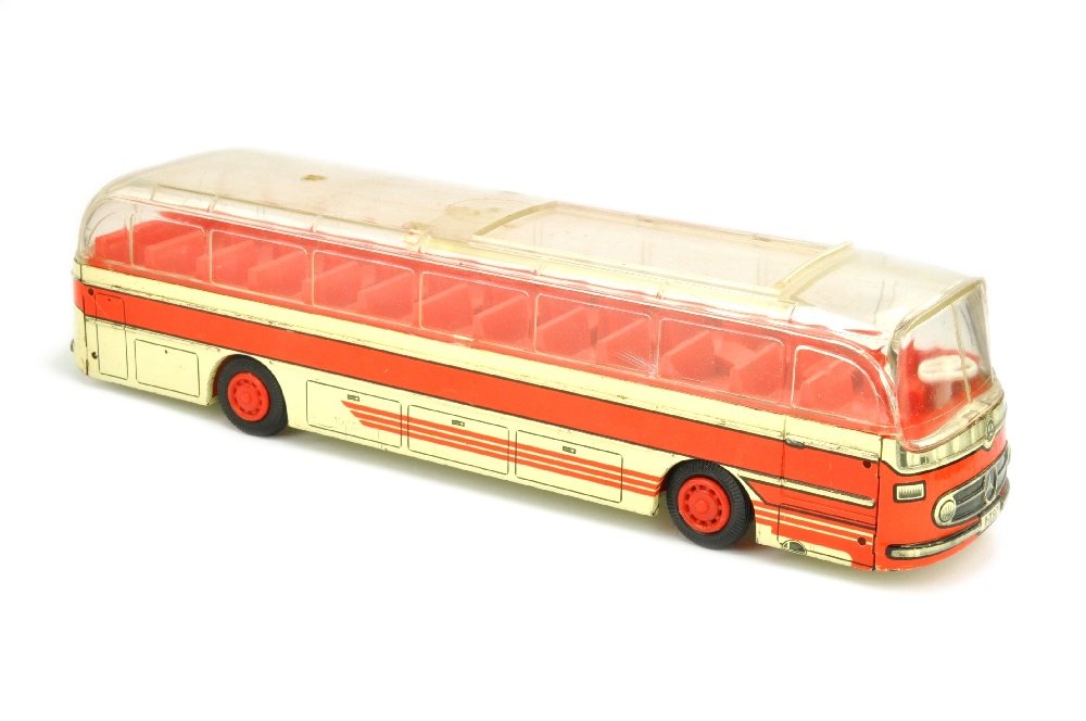 Tippco - Mercedes Reisebus mit Glasdach: Laenge 28,5 cm, komplett, Friktionsantrieb laeuft, Lackmaengel an Unterseite, transparentes Dach ohne Risse, sehr schoener Zustand (Sonstiges Spielzeug)