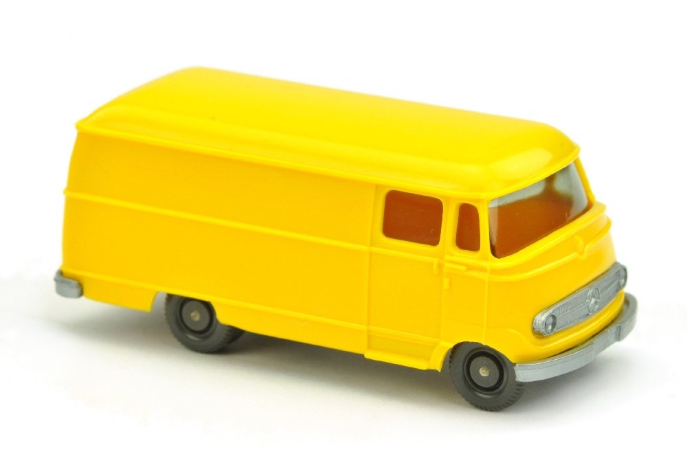 MB L 319 Kasten, gelb: 404/1A, Version mit stark erhabenen Rueckleuchten, sehr gut bis neuwertig (Wiking Verglaster PKW)