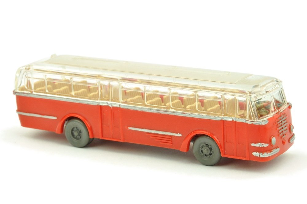 Buessing Trambus, orangerot (Version /2): aehnlich 1165/1A, jedoch Dach bereits mit Lueftern (wie bei /2), sehr gut (Wiking Verglaster LKW)