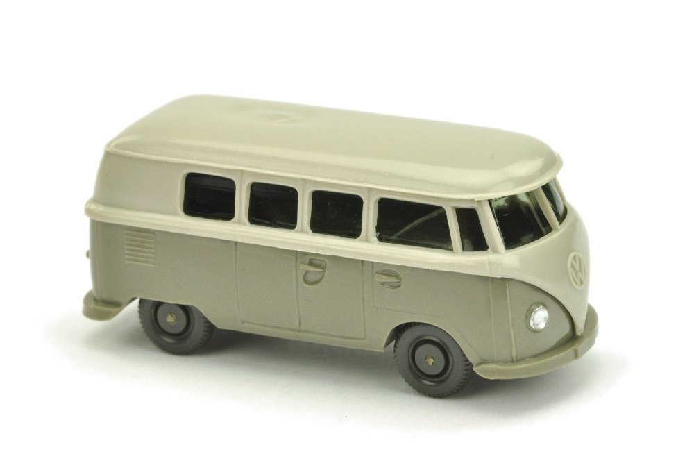 VW T1 Bus (alt), d'-achatgrau/gelbl. betongrau: 323/1O, hinterer Dachbereich mit massiver, herstellungsbedingter Delle, neuwertig (Wiking Verglaster PKW)